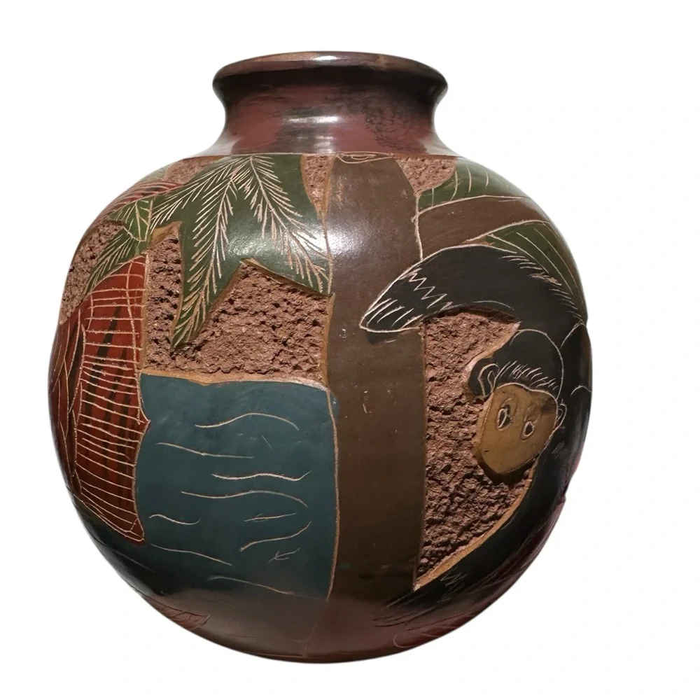 Nicaraguan Art Pottery Vase Hand Carved Monkey Butterfly